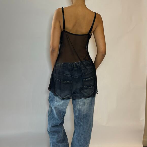 Vintage Y2K Coquette Goth Sheer Mesh Cami with Lace Panels (M) - Picture 4 of 6